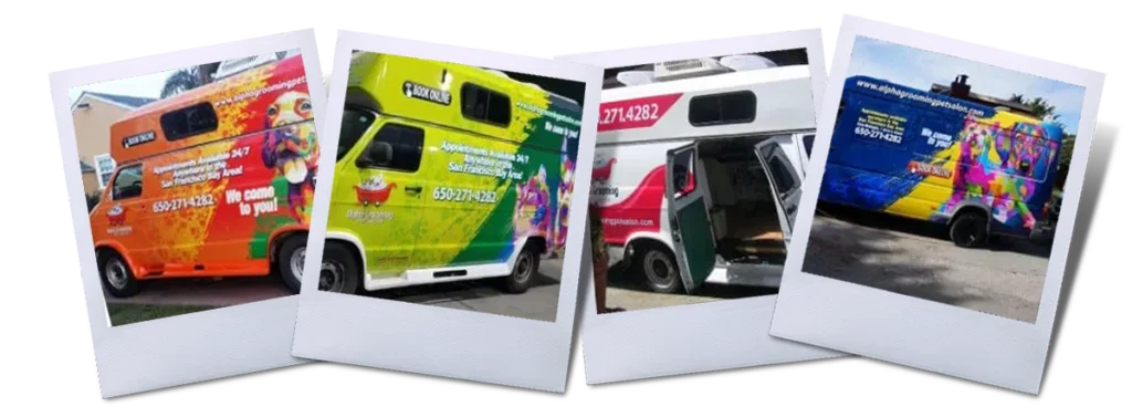 Professional mobile pet grooming services van arriving at customer home in residential neighborhood